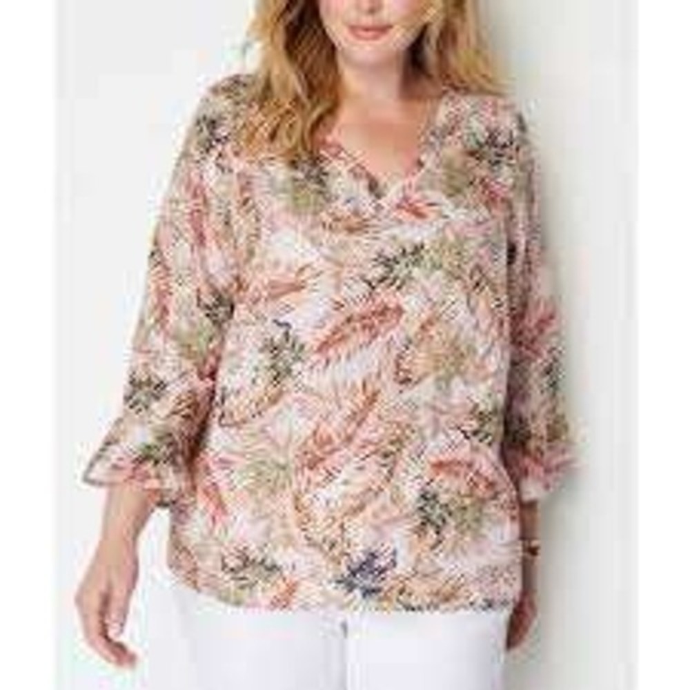 J. Jill Love Linen XL Tall Pink Tropical Palm Leaf V-Neck Ruffle‎ Sleeve Top